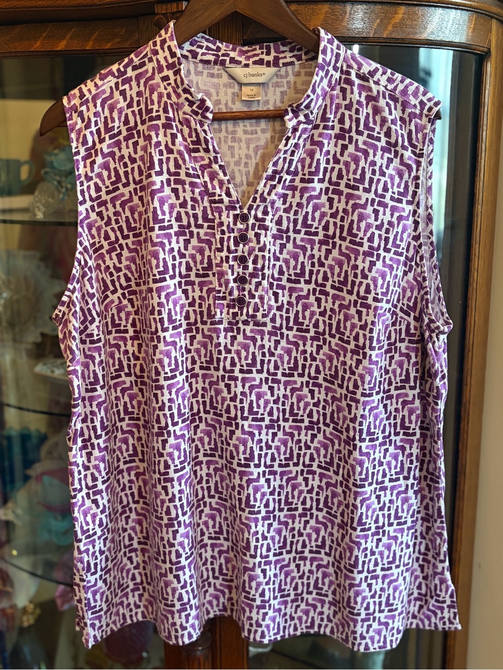 CJ Banks Purple Sleeveless Patterned Split-Neck Top